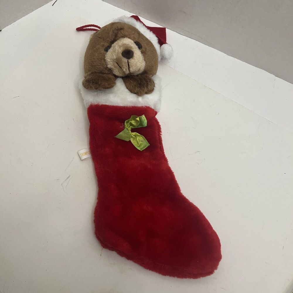 Vintage Christmas stocking Teddy  Bear 3D Head Plush Bag Hanger Korea